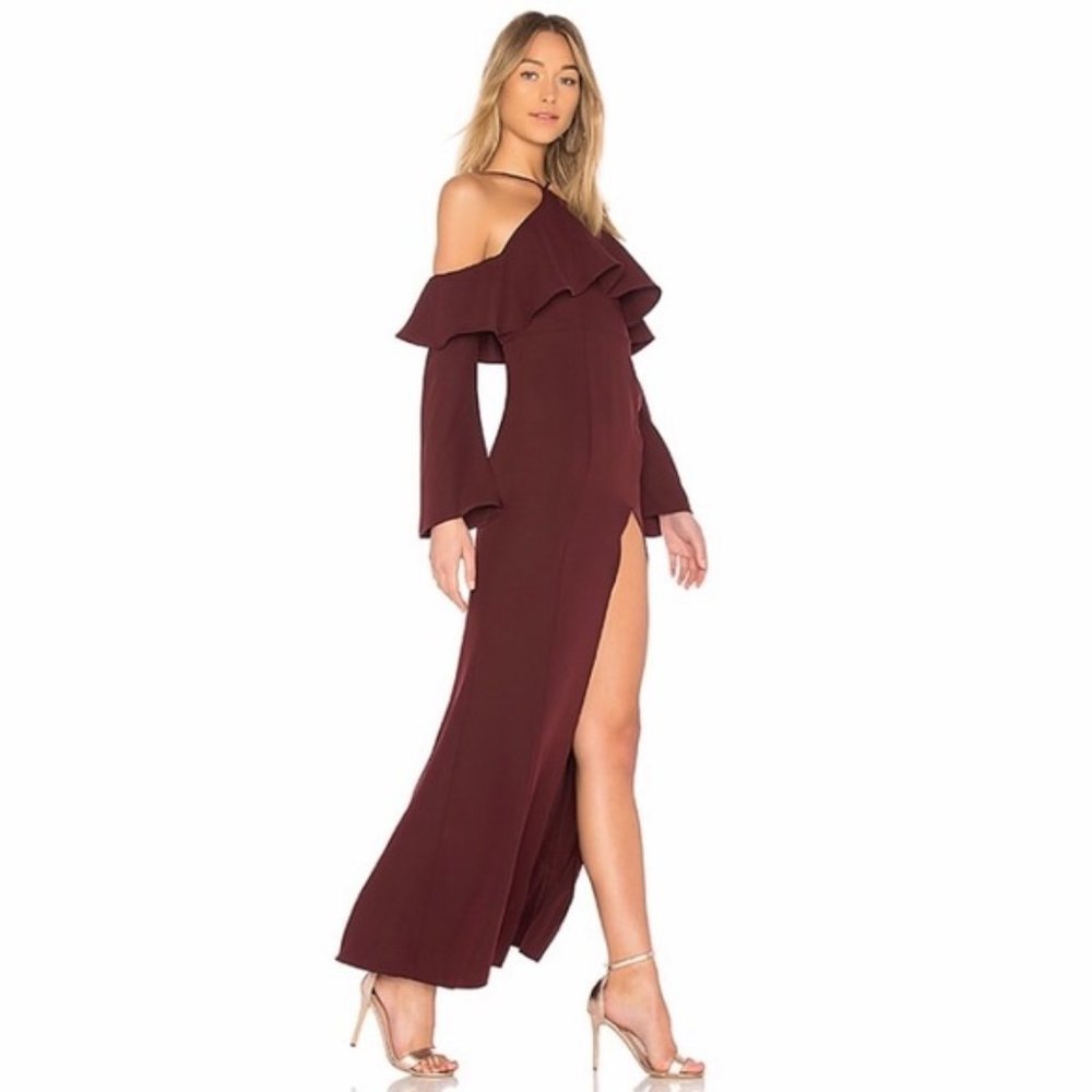 Majorelle Maroon Ruffle Cold Shoulder Maxi Dress